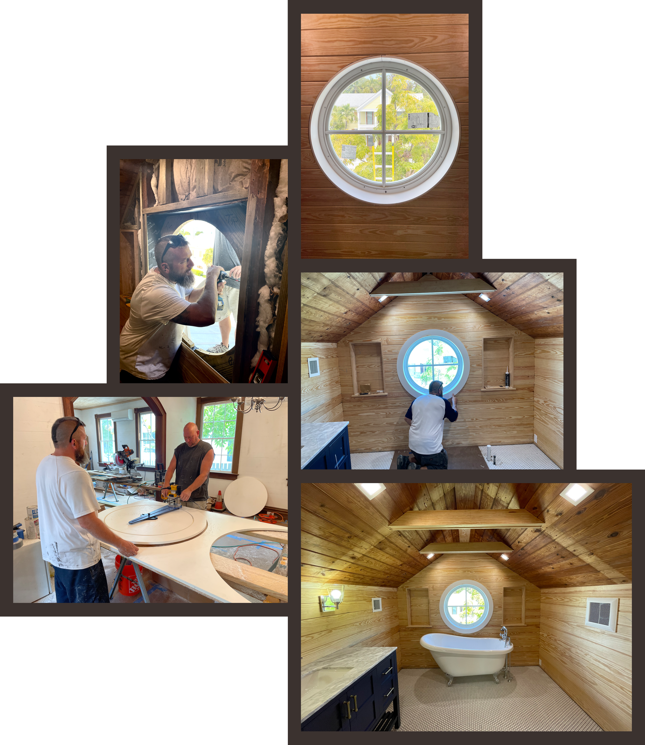 Collage photo of men working a bathroom attic